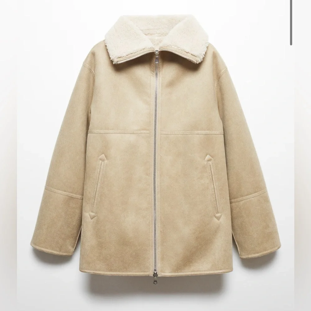 NWOT! MANGO Faux Shearling Zipper oversized turtleneck Coat Small Cream/Beige - Picture 3 of 8